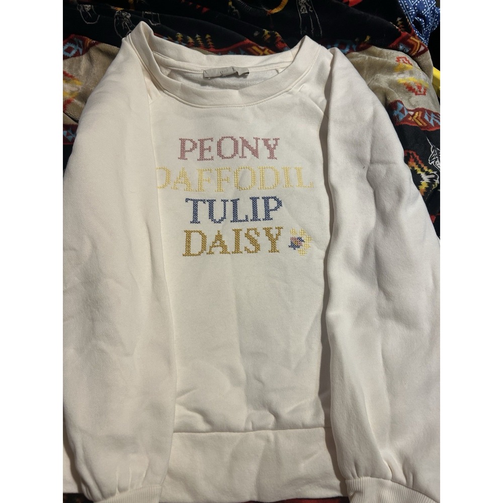 Loft Women's Small Ivory Embroidered Sweatshirt Peony Tulip Daisy Sweater